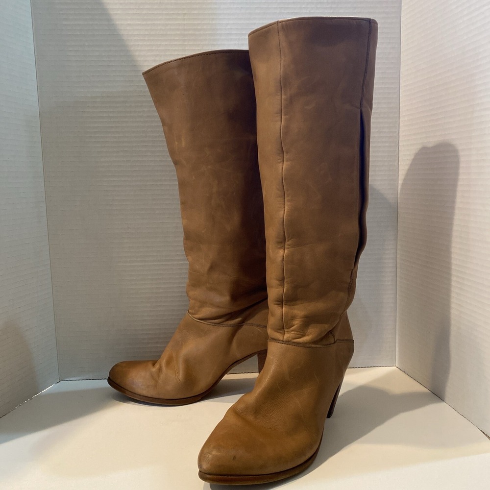 VTG Frye Women's Tan Leather Campus Boots Tall Riding Heeled 8.5 Fold Over Cuff